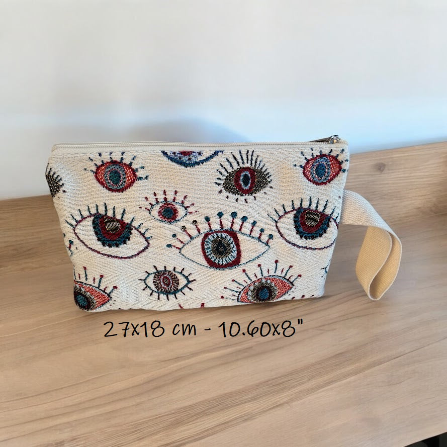 Greek Evil Eye Pouch - Jacquard Fabric Pouch - 2 sizes available - Greek Gift
