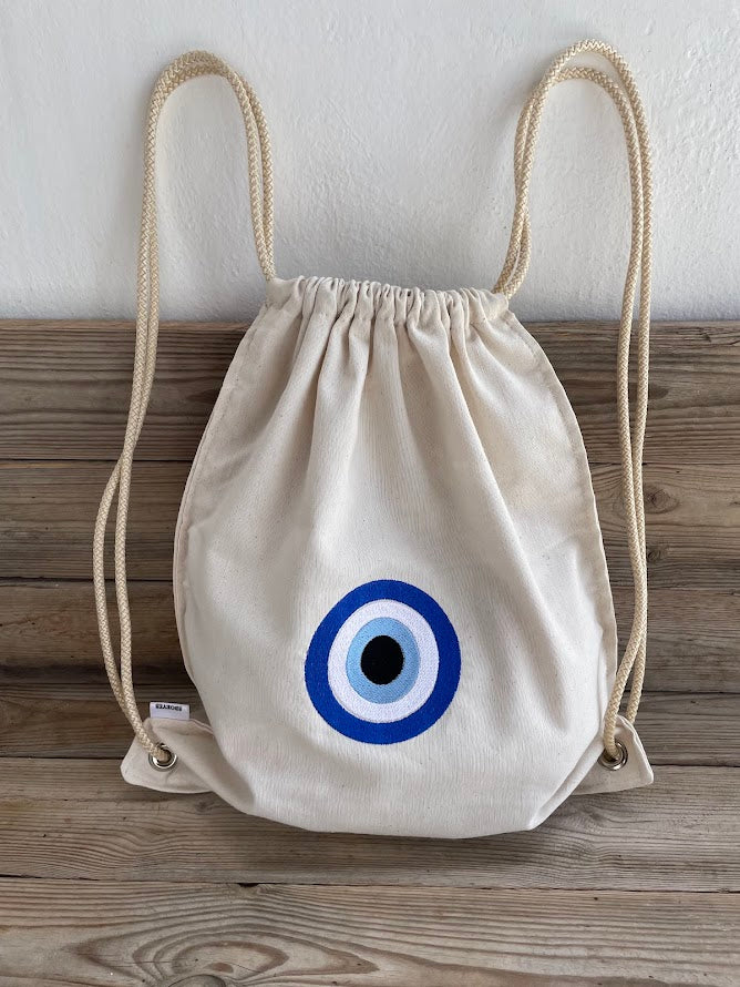 Canvas Drawstring Backpack with Embroidered Evil Eye