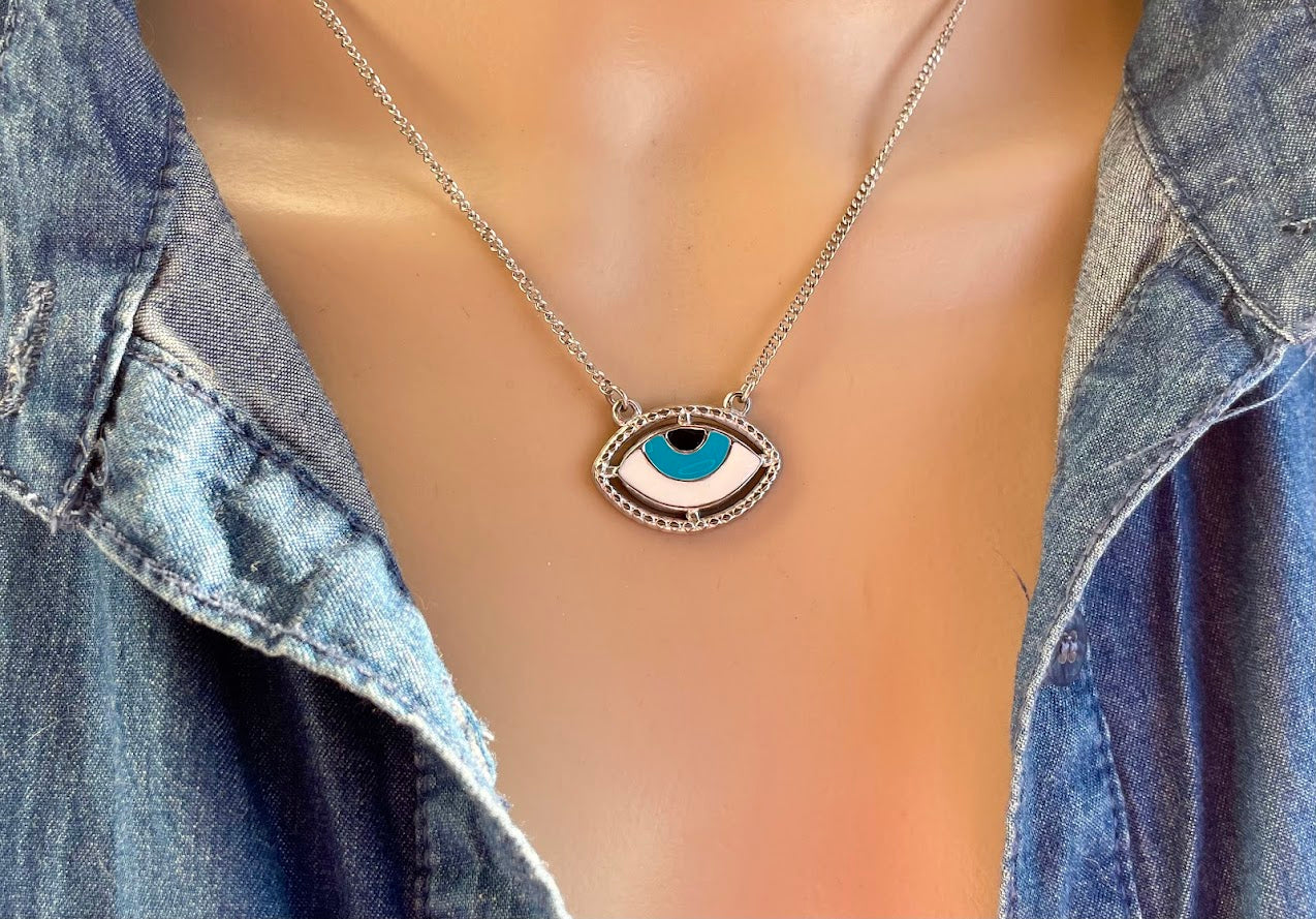 Enamel Evil Eye Necklace - Stainless Steel Necklace - Greek Gift