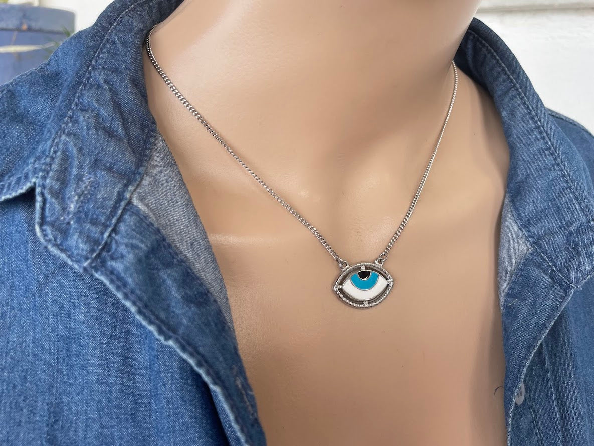 Enamel Evil Eye Necklace - Stainless Steel Necklace - Greek Gift