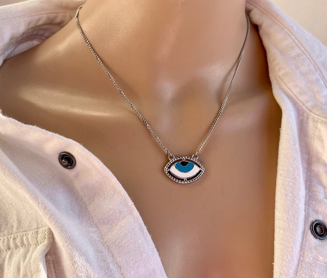 Enamel Evil Eye Necklace - Stainless Steel Necklace - Greek Gift
