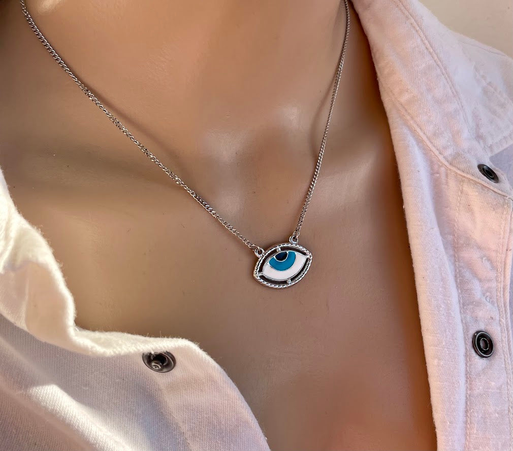 Enamel Evil Eye Necklace - Stainless Steel Necklace - Greek Gift