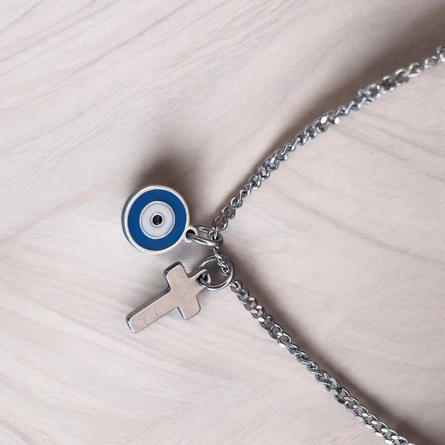 Pendentif Oeil Bleu & Croix en Acier - Cadeau Femme - Oeil bleu Grec