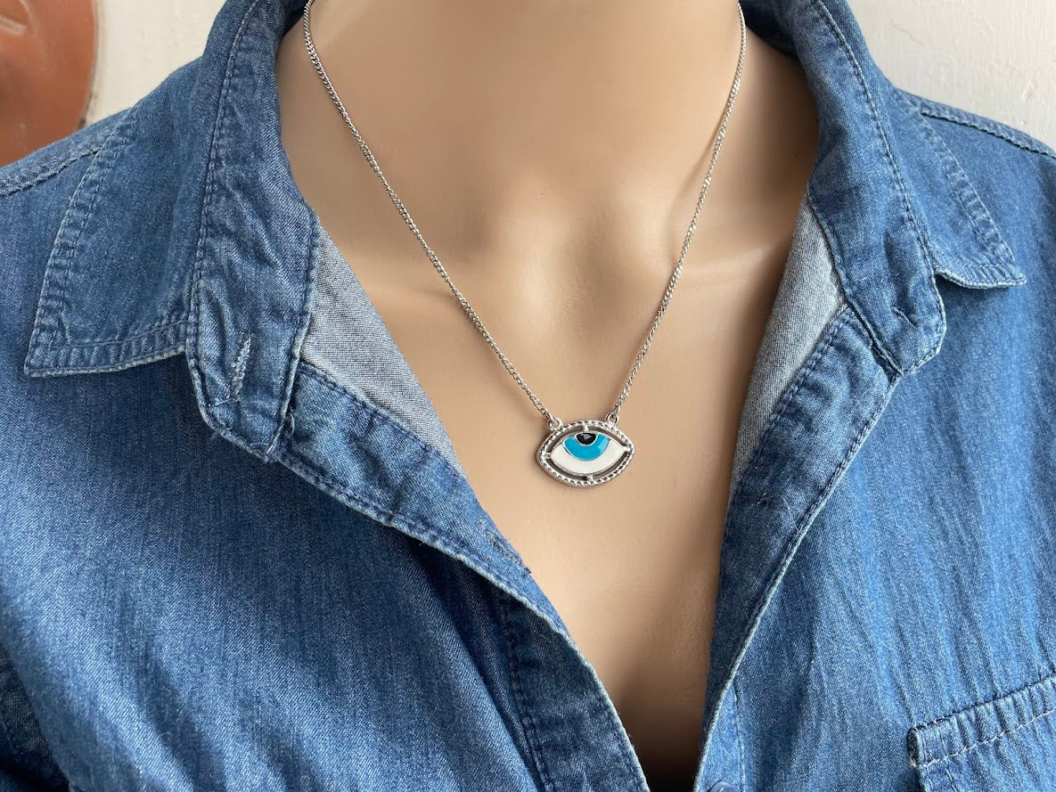 Enamel Evil Eye Necklace - Stainless Steel Necklace - Greek Gift