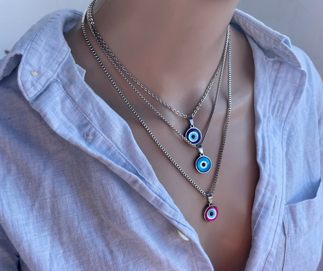 Collier Oeil Bleu en Acier 6 Couleurs Au Choix