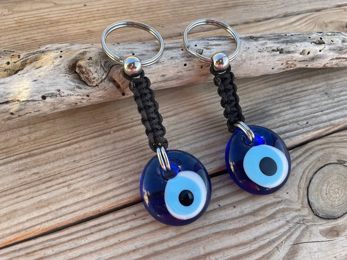 Porte-clés Oeil Bleu en Verre - Inox ou Laiton - Protection voiture