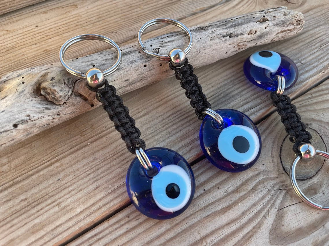 Porte-clés Oeil Bleu en Verre - Inox ou Laiton - Protection voiture