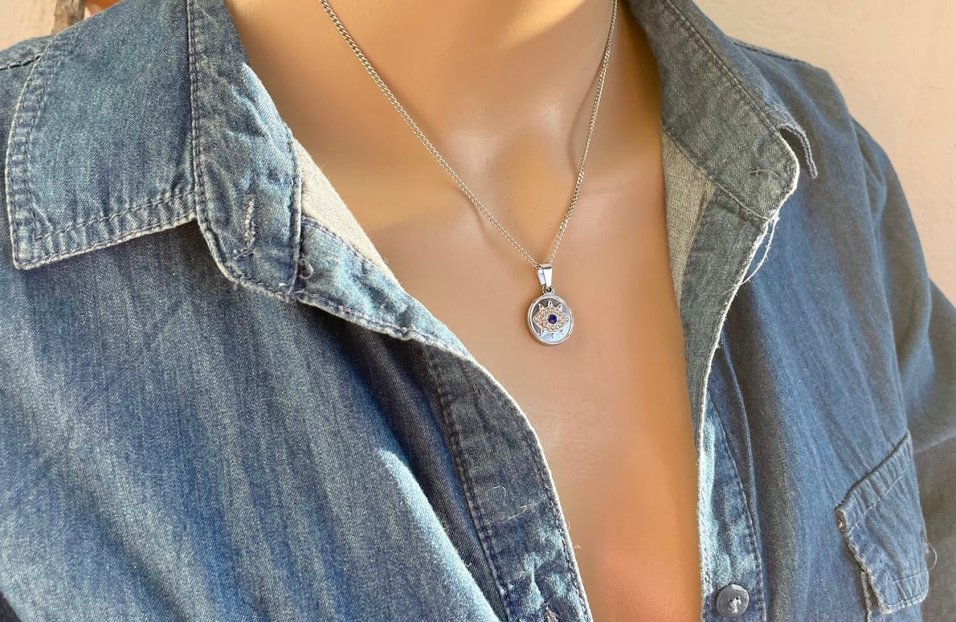 Evil eye CZ pendant - Greek necklace - Stainless Steel Necklace
