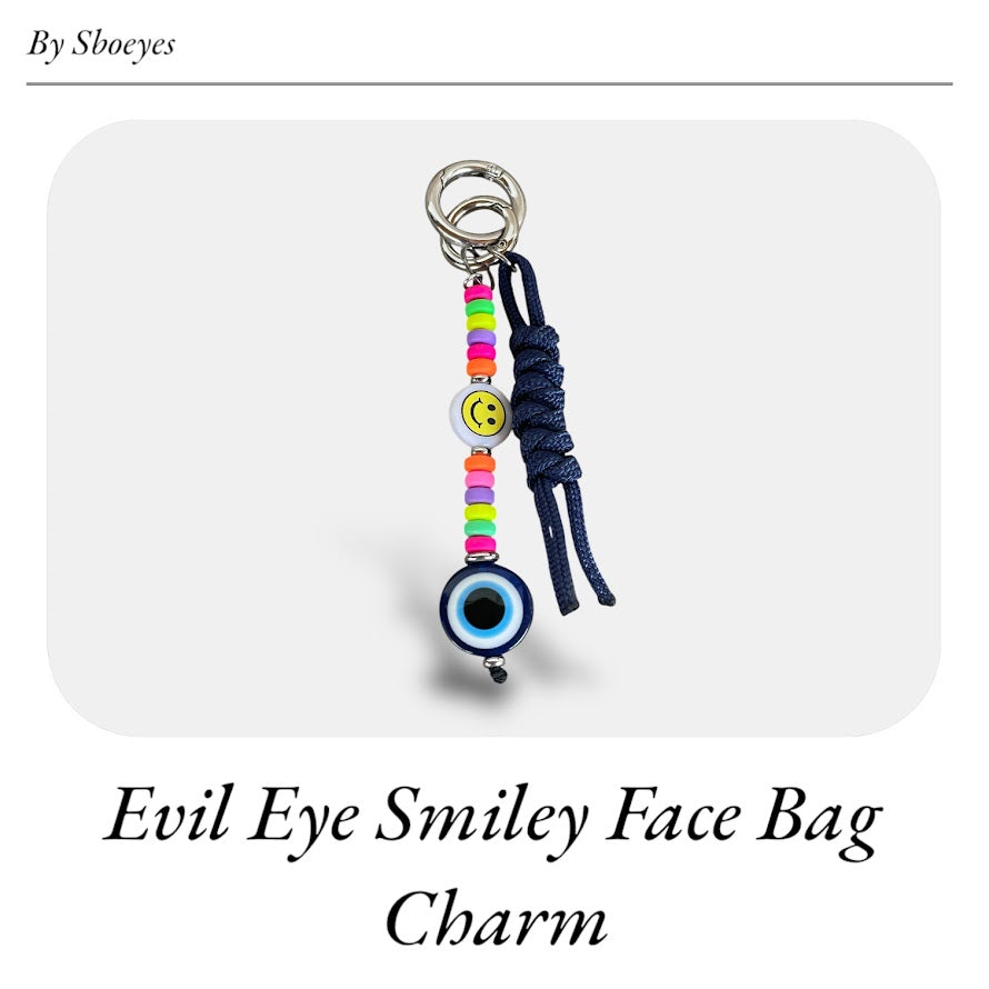 Evil Eye Smiley Face Bag Charm with Multicolor Rubber Beads