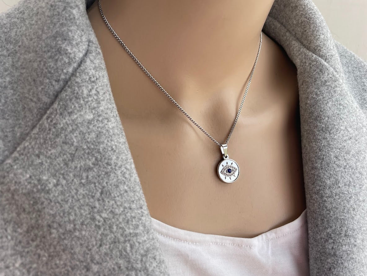 Evil eye CZ pendant - Greek necklace - Stainless Steel Necklace