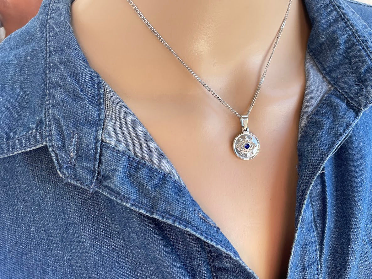 Evil eye CZ pendant - Greek necklace - Stainless Steel Necklace