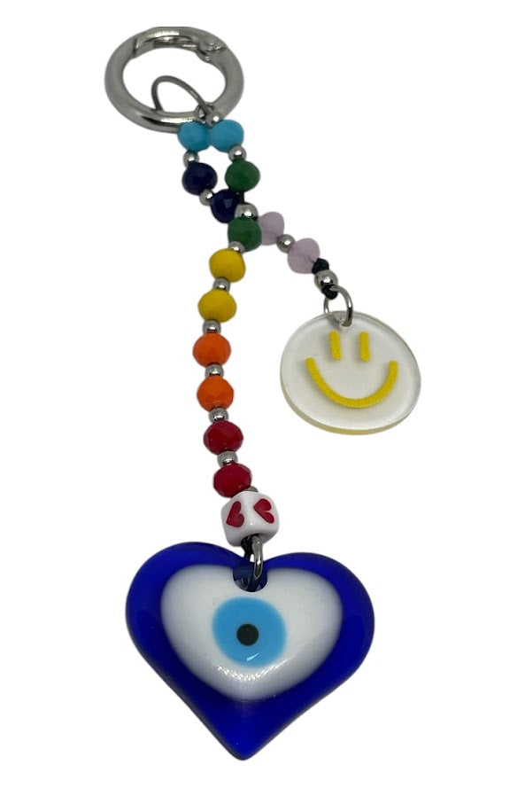 Εvil Eye Smiley Face Bag Charm - Beaded Bag Charm - Stainless Bag Charm - Greek Gift