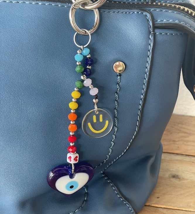 Εvil Eye Smiley Face Bag Charm - Beaded Bag Charm - Stainless Bag Charm - Greek Gift