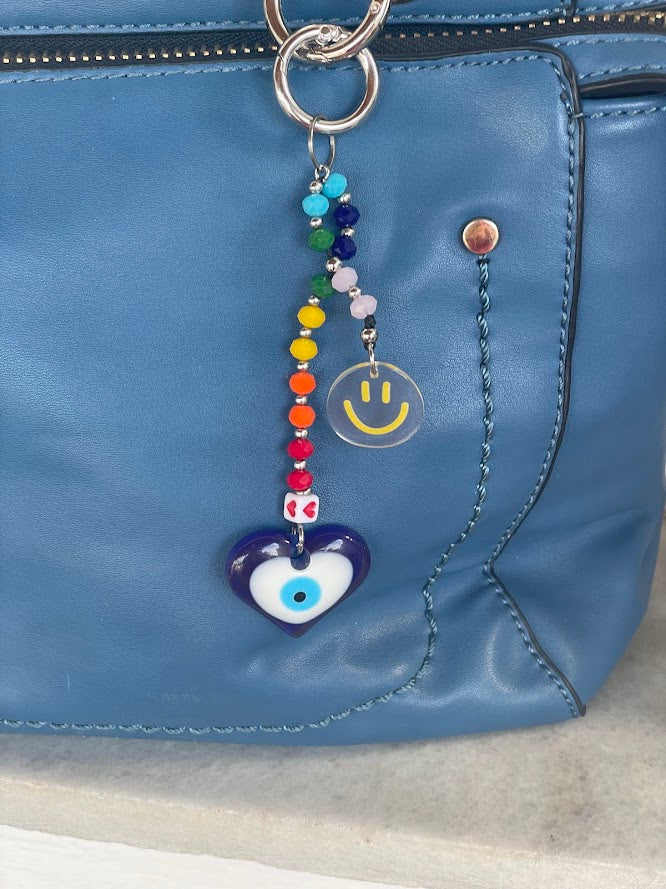 Εvil Eye Smiley Face Bag Charm - Beaded Bag Charm - Stainless Bag Charm - Greek Gift