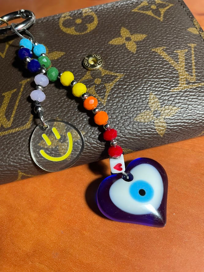 Εvil Eye Smiley Face Bag Charm - Beaded Bag Charm - Stainless Bag Charm - Greek Gift