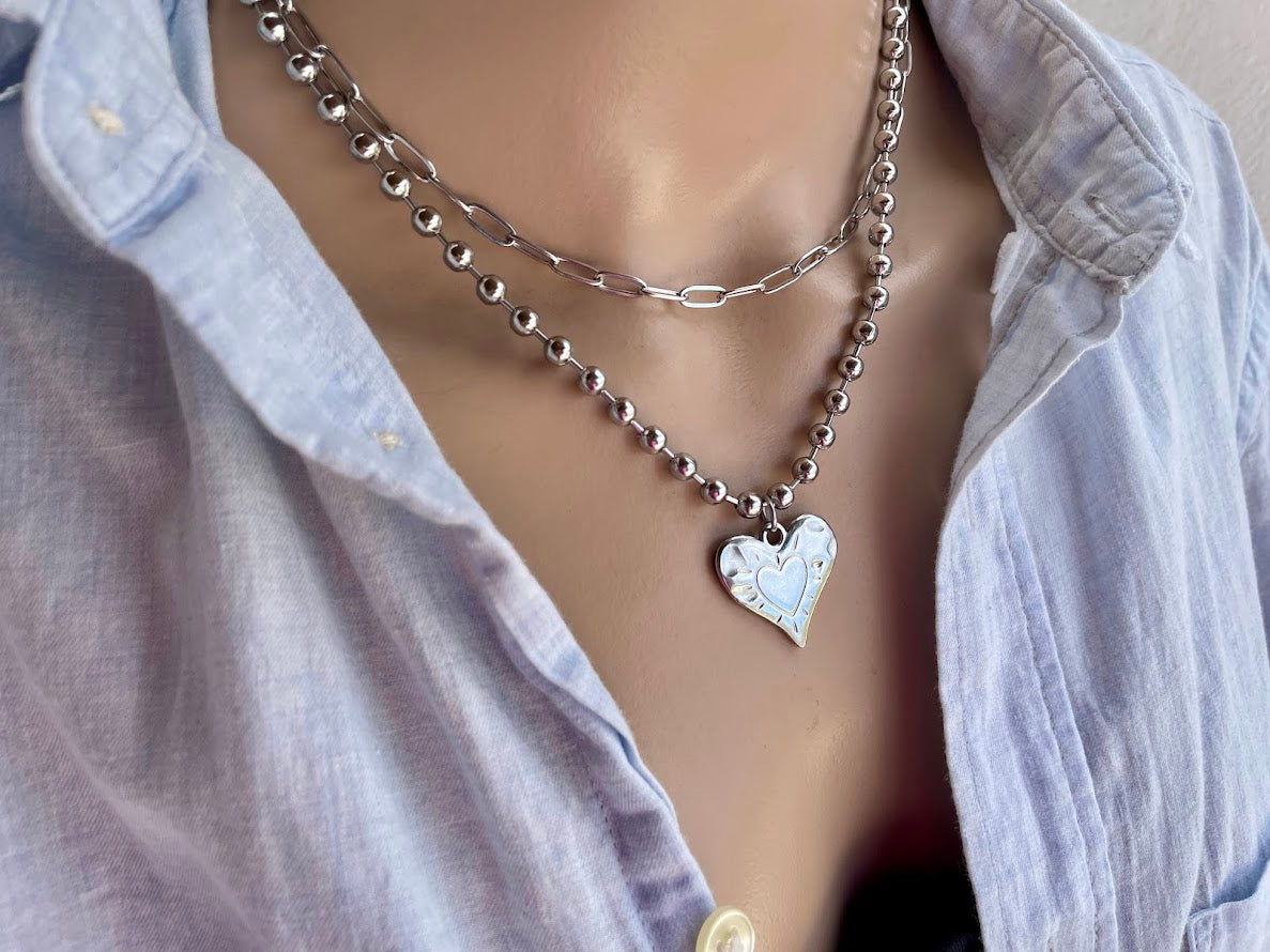Collier Coeur Chaine Figaro en Acier Pour Femme
