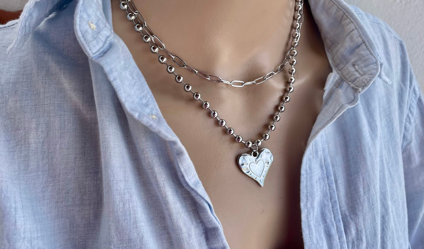 Collier Coeur Chaine Figaro en Acier Pour Femme