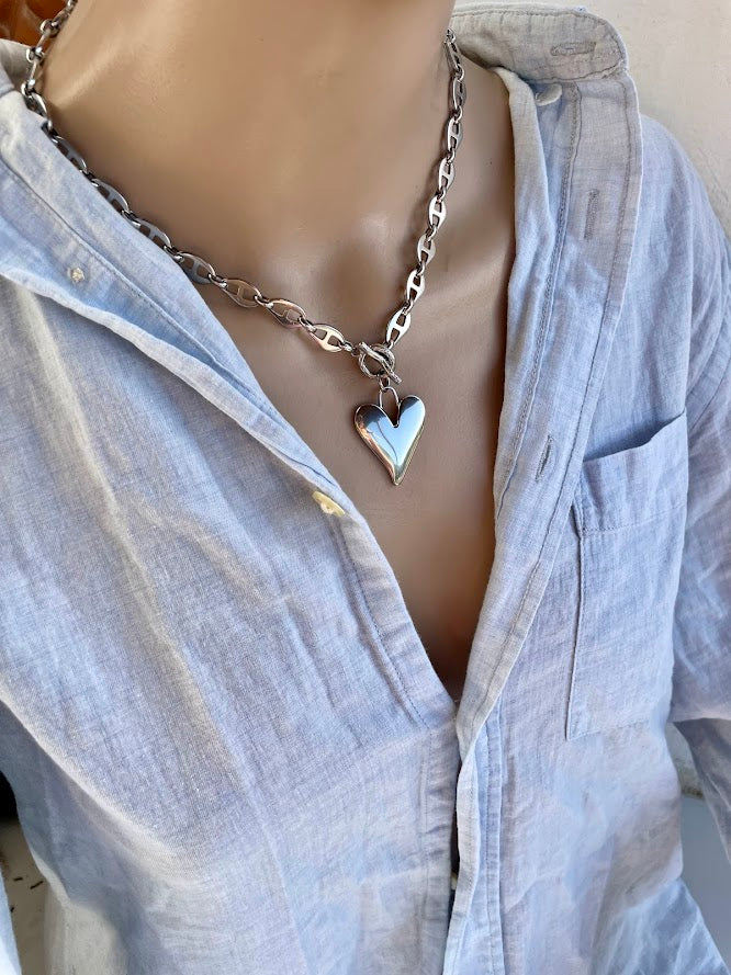 Collier Gros Coeur en Acier Pour Femme