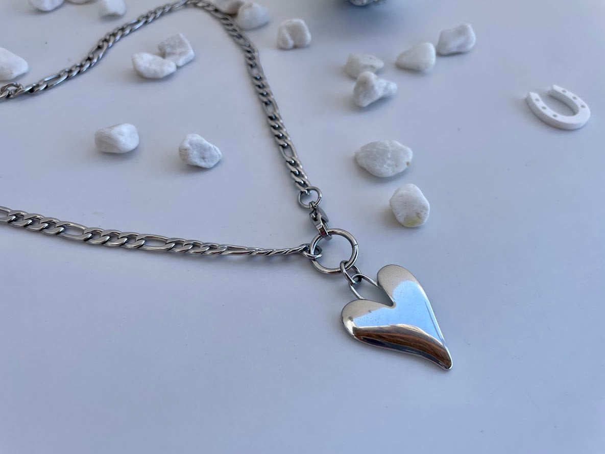 Collier Coeur Chaine Figaro en Acier Pour Femme