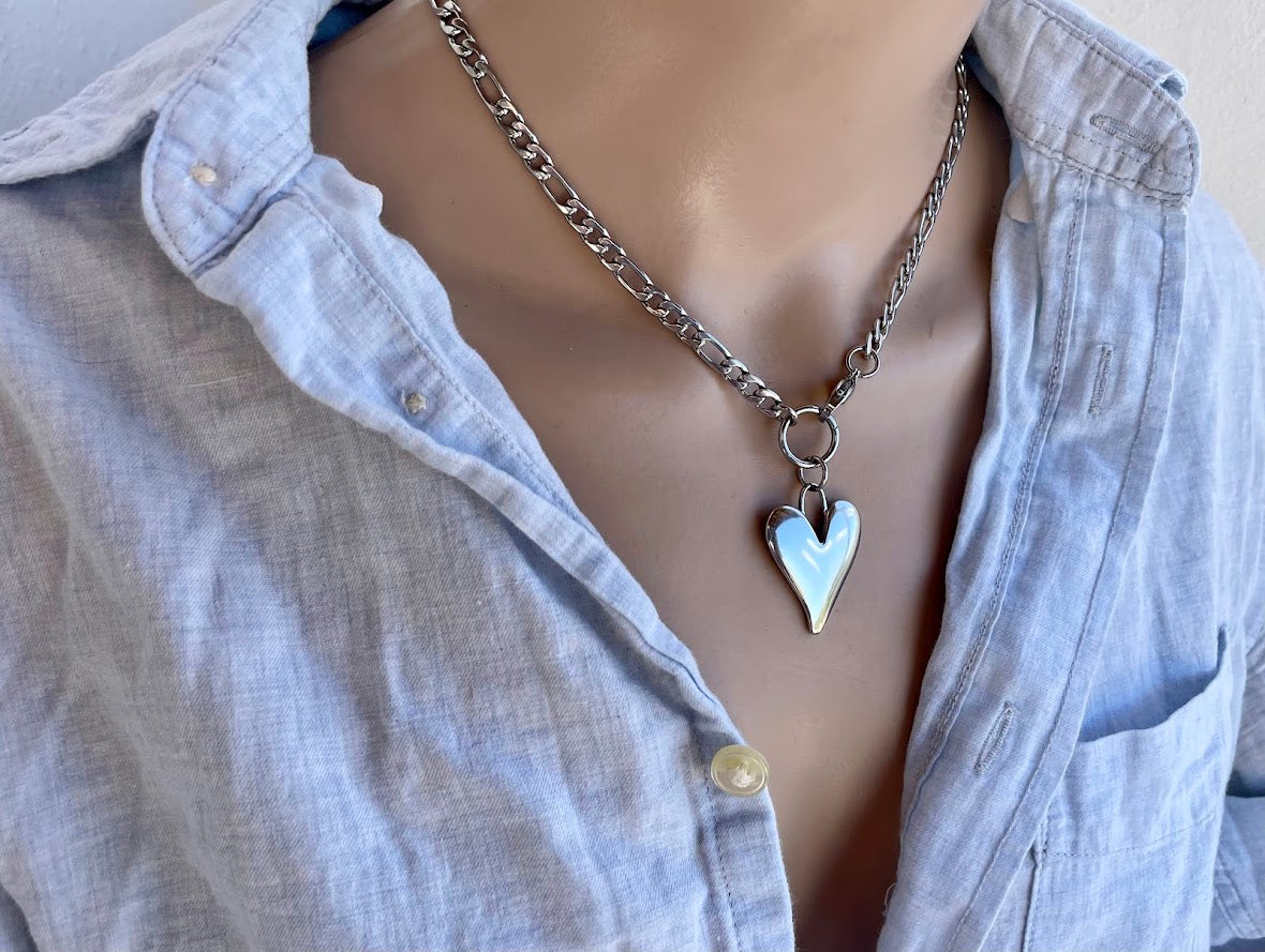 Collier Coeur Chaine Figaro en Acier Pour Femme