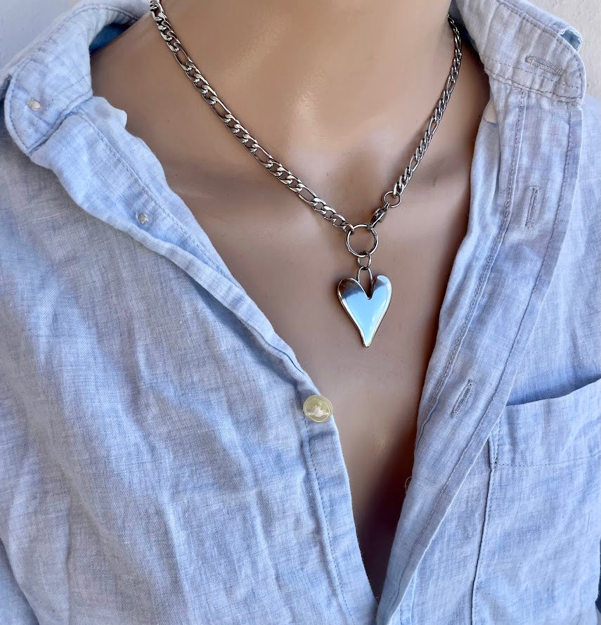 Collier Coeur Chaine Figaro en Acier Pour Femme