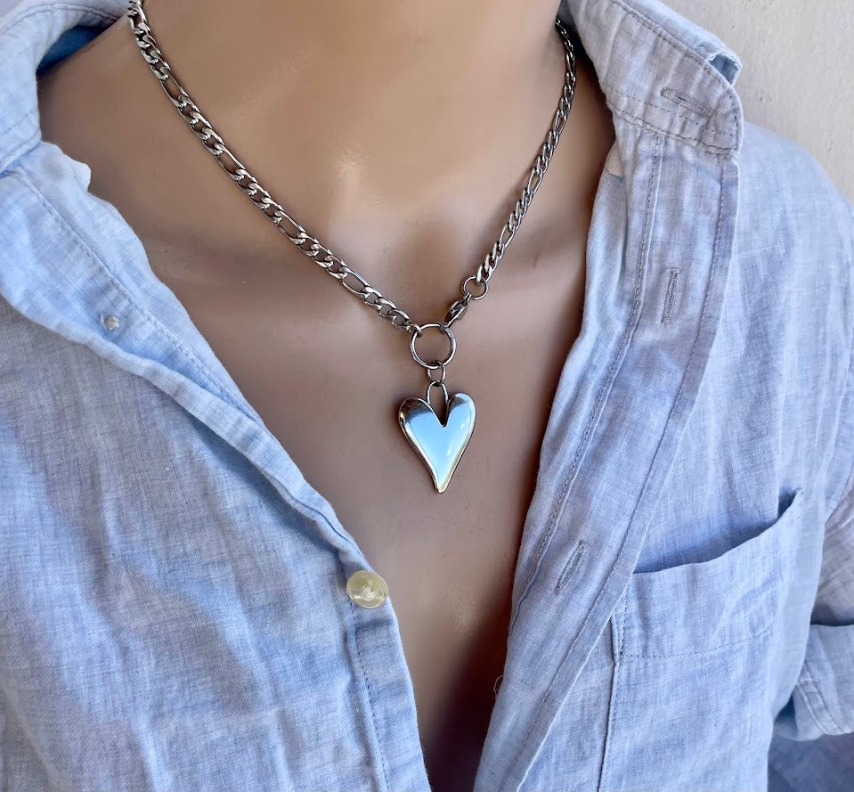 Collier Coeur Chaine Figaro en Acier Pour Femme