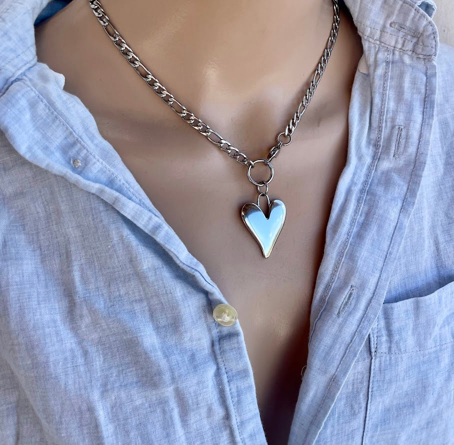 Collier Coeur Chaine Figaro en Acier Pour Femme