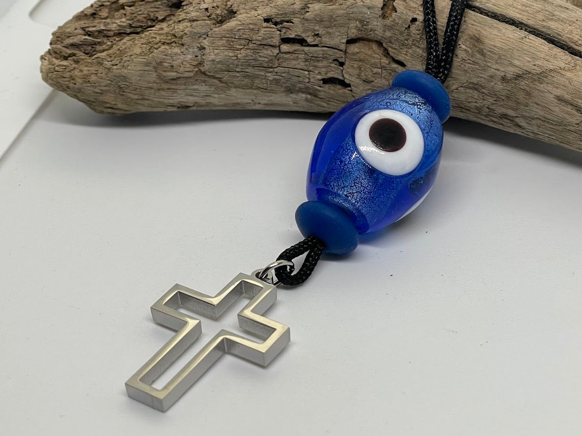 Bijou Retroviseur Croix & Oeil Bleu - Accessoire Voiture