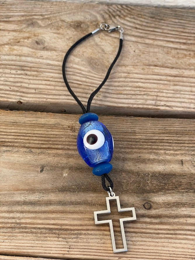 Bijou Retroviseur Croix & Oeil Bleu - Accessoire Voiture