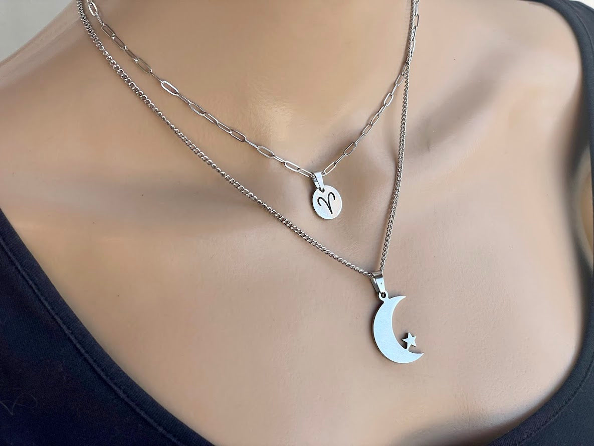 Collier Set Signe Zodiaque et Lune en Acier