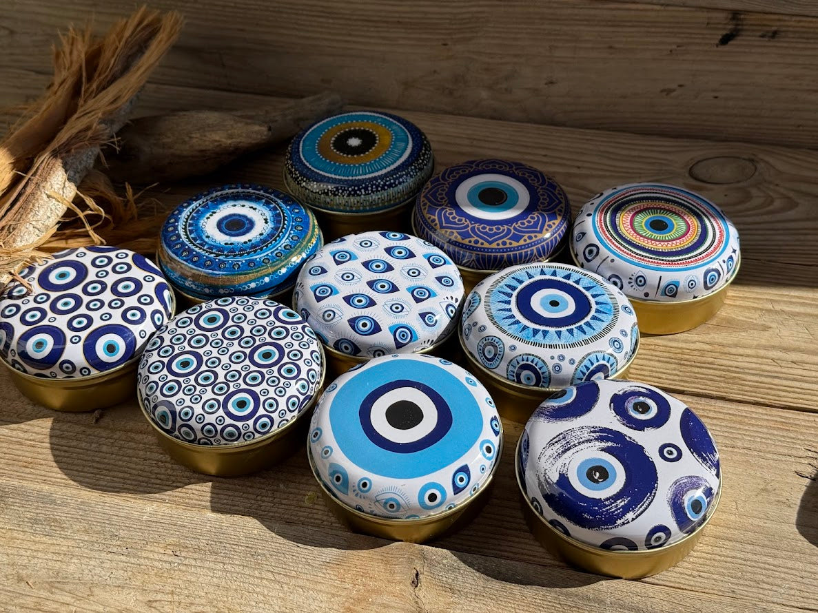 Olive Oil Soap in Metal Box with Evil Eye Pattern