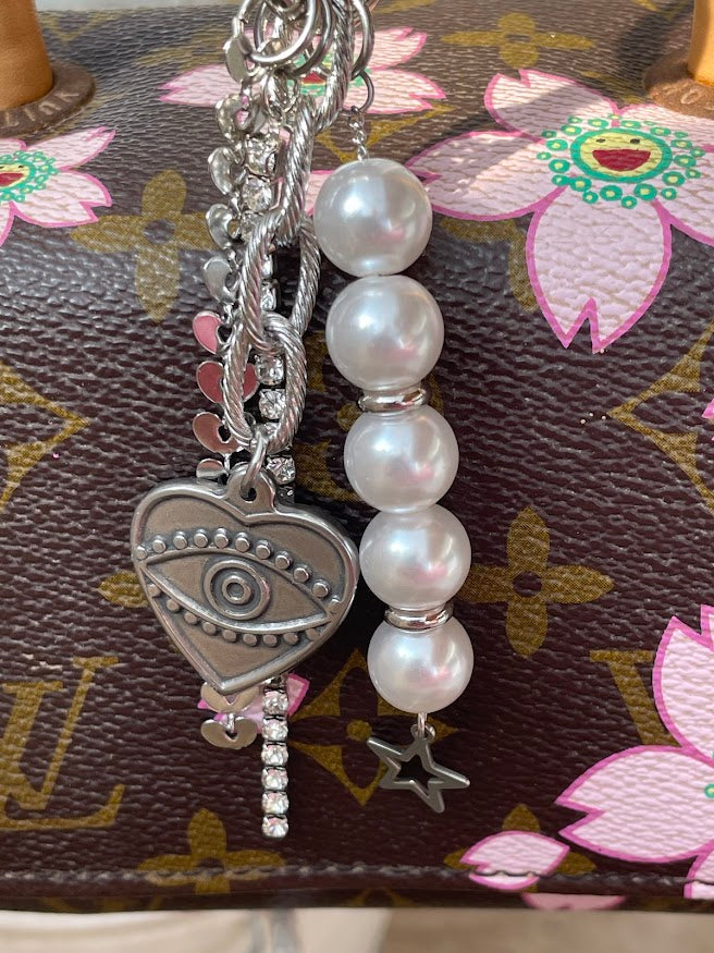 Pearls & Heart Bag Charm - Bag Accessory - Gift for Her
