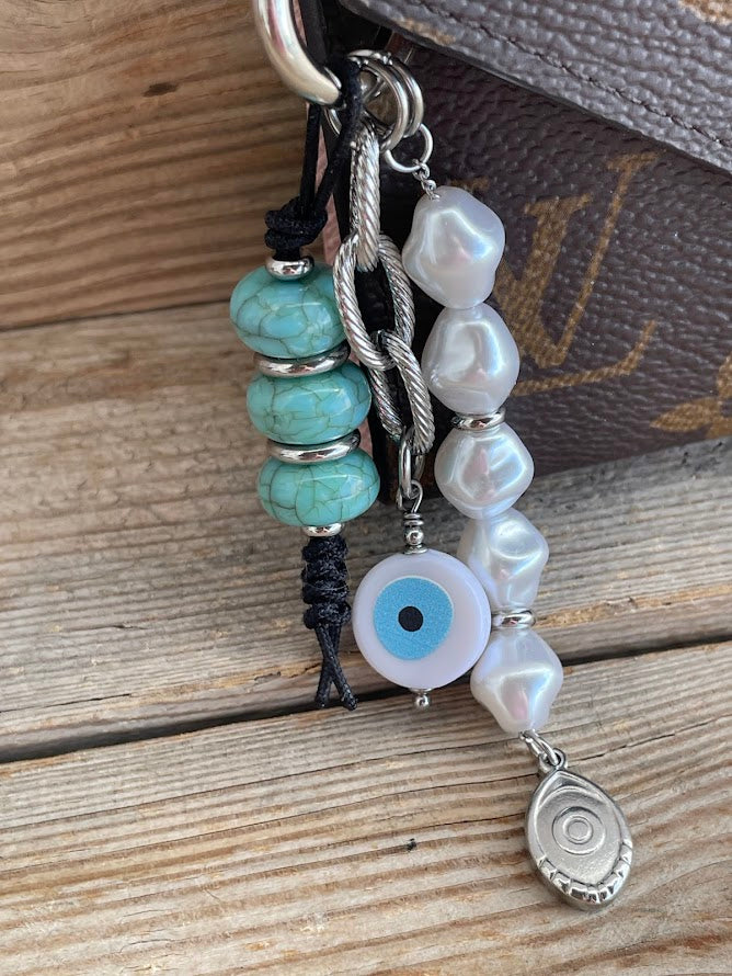 Pearls & Turquoise Evil Eye Bag Charm - Bag Accessory - Gift for Her
