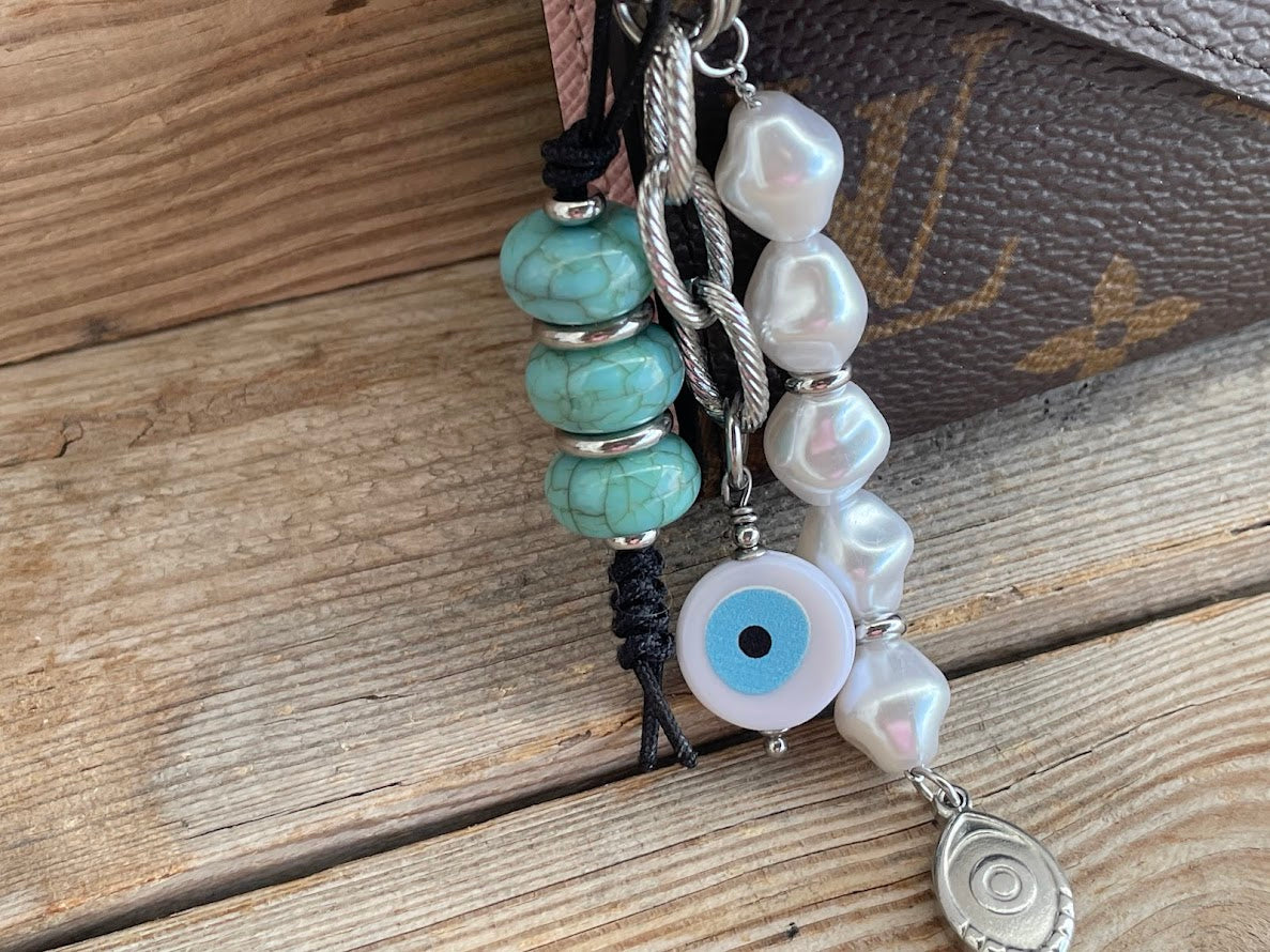 Pearls & Turquoise Evil Eye Bag Charm - Bag Accessory - Gift for Her