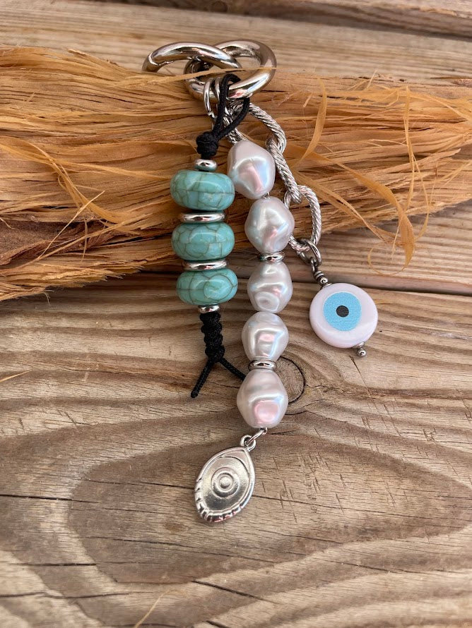 Pearls & Turquoise Evil Eye Bag Charm - Bag Accessory - Gift for Her