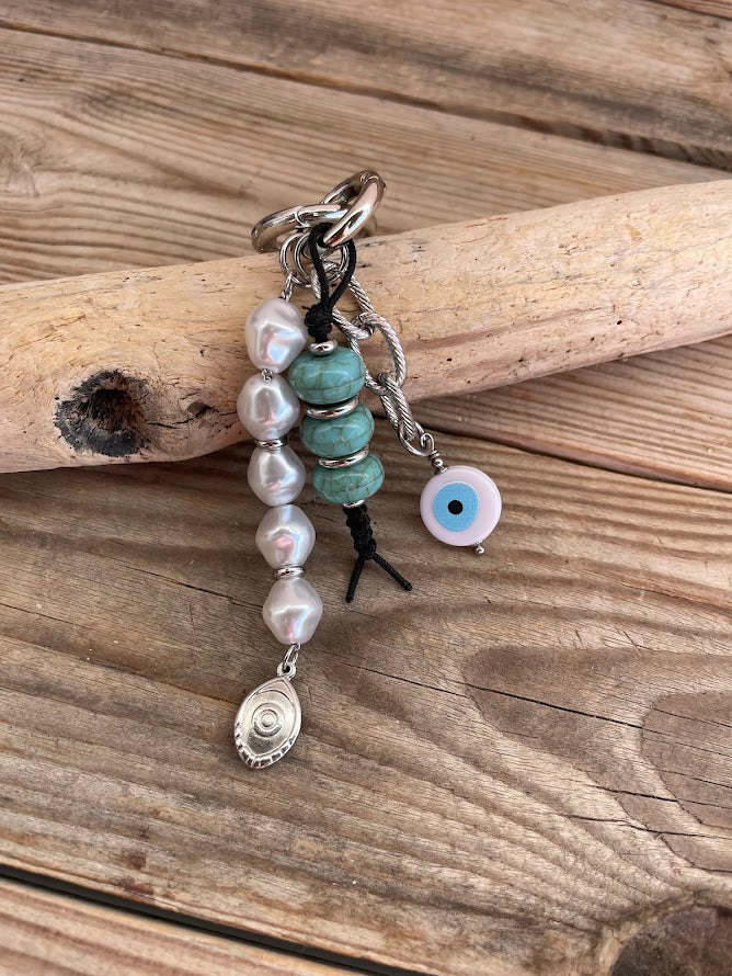 Pearls & Turquoise Evil Eye Bag Charm - Bag Accessory - Gift for Her
