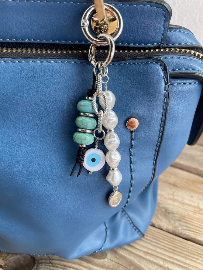 Pearls & Turquoise Evil Eye Bag Charm - Bag Accessory - Gift for Her