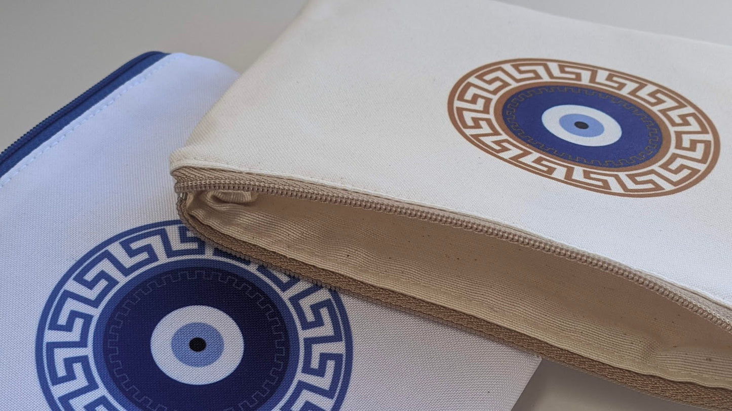 Greek Key Evil Eye Handmade Pouch - Zipper Bag - Made in Greece - Meander pouch