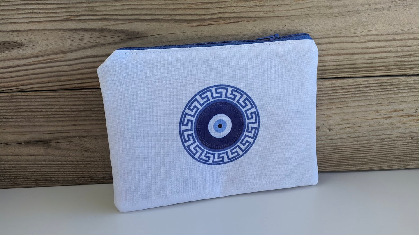 Greek Key Evil Eye Handmade Pouch - Zipper Bag - Made in Greece - Meander pouch