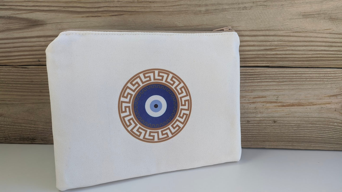 Greek Key Evil Eye Handmade Pouch - Zipper Bag - Made in Greece - Meander pouch