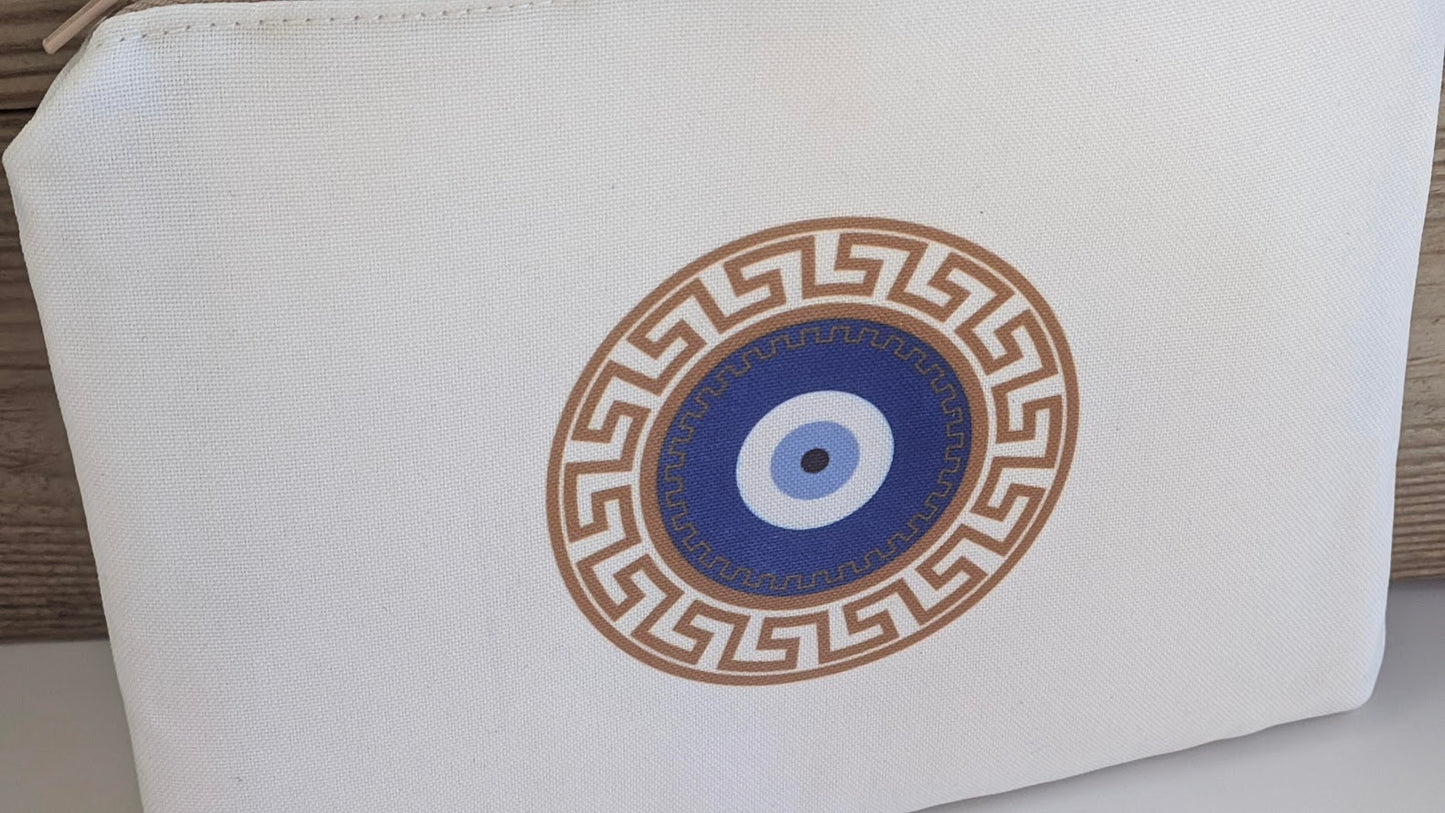 Greek Key Evil Eye Handmade Pouch - Zipper Bag - Made in Greece - Meander pouch