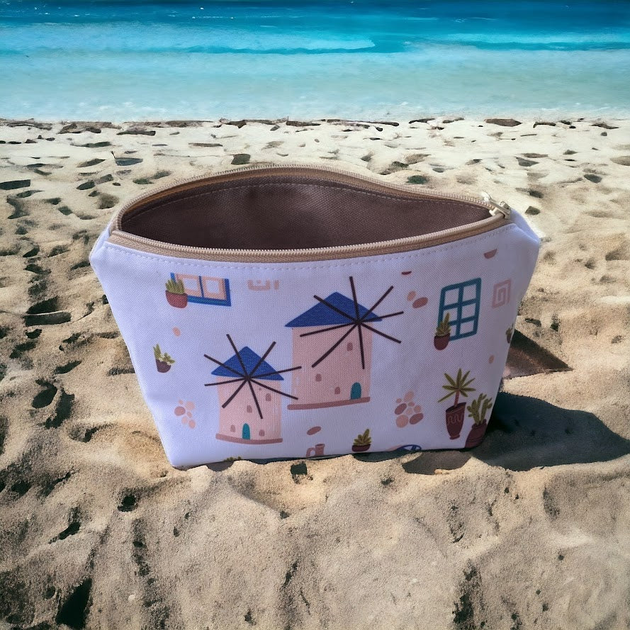 Greek Windmills Printed Cosmetic Bag - Greek Gifts - Handmade in Greece