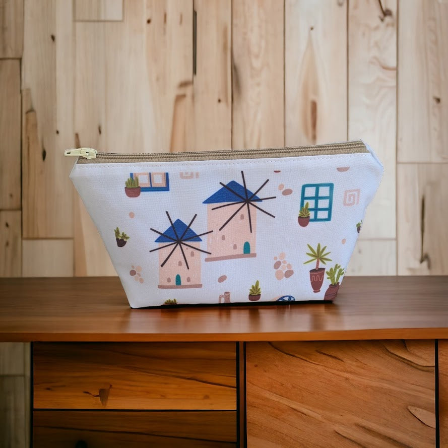 Greek Windmills Printed Cosmetic Bag - Greek Gifts - Handmade in Greece