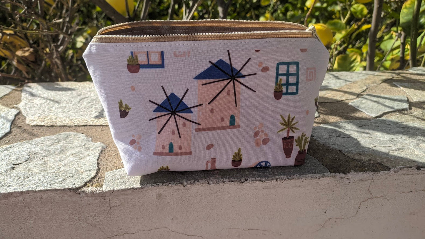 Greek Windmills Printed Cosmetic Bag - Greek Gifts - Handmade in Greece