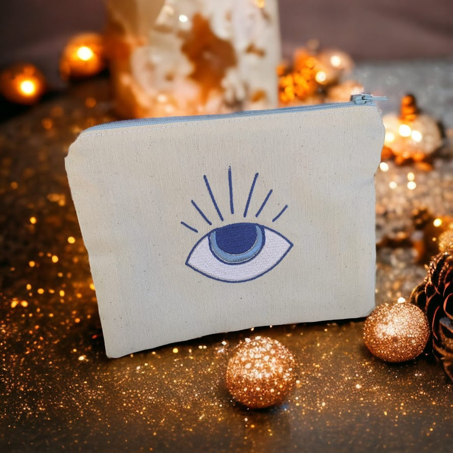 Embroidered Evil Eye Pouch – Greek gift - Handmade fabric pouch