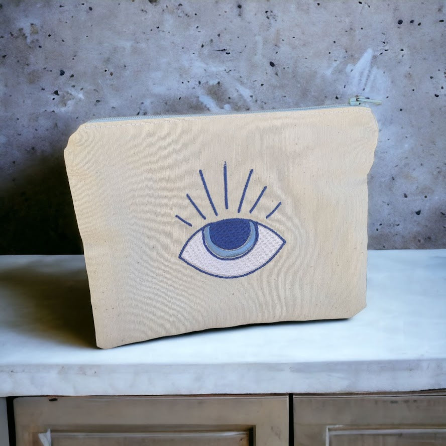 Embroidered Evil Eye Pouch – Greek gift - Handmade fabric pouch