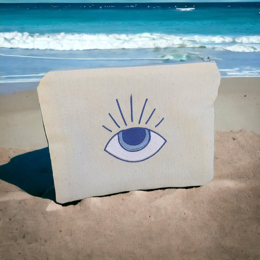 Embroidered Evil Eye Pouch – Greek gift - Handmade fabric pouch