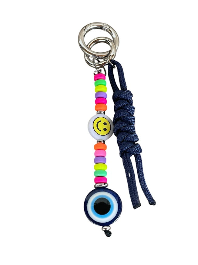 Evil Eye Smiley Face Bag Charm with Multicolor Rubber Beads