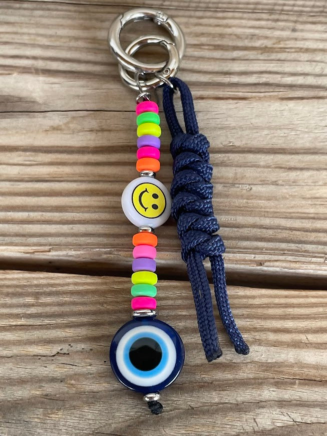 Evil Eye Smiley Face Bag Charm with Multicolor Rubber Beads