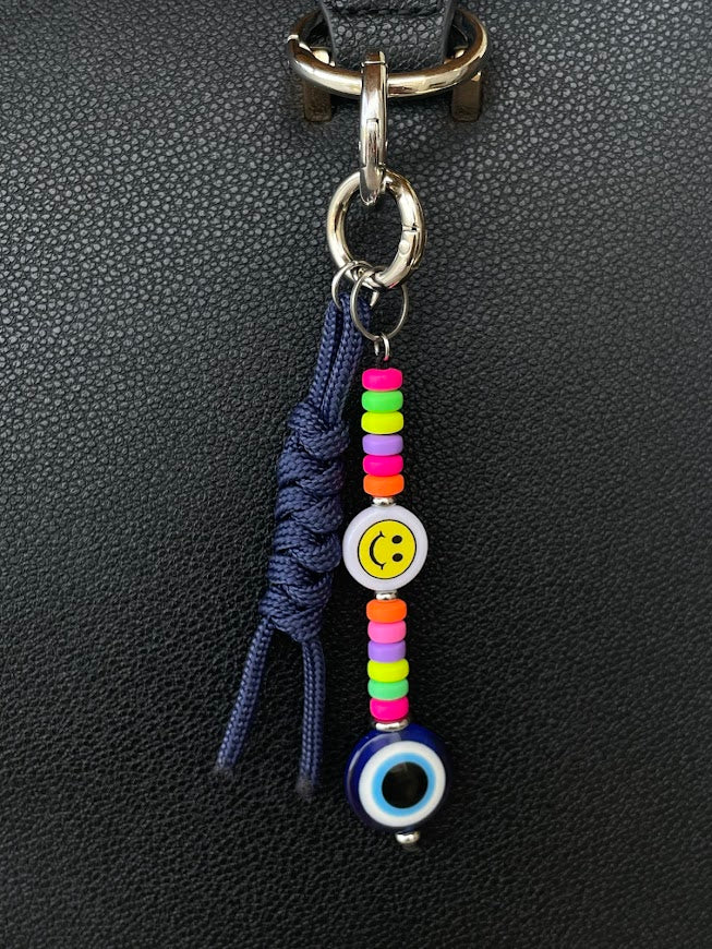 Evil Eye Smiley Face Bag Charm with Multicolor Rubber Beads